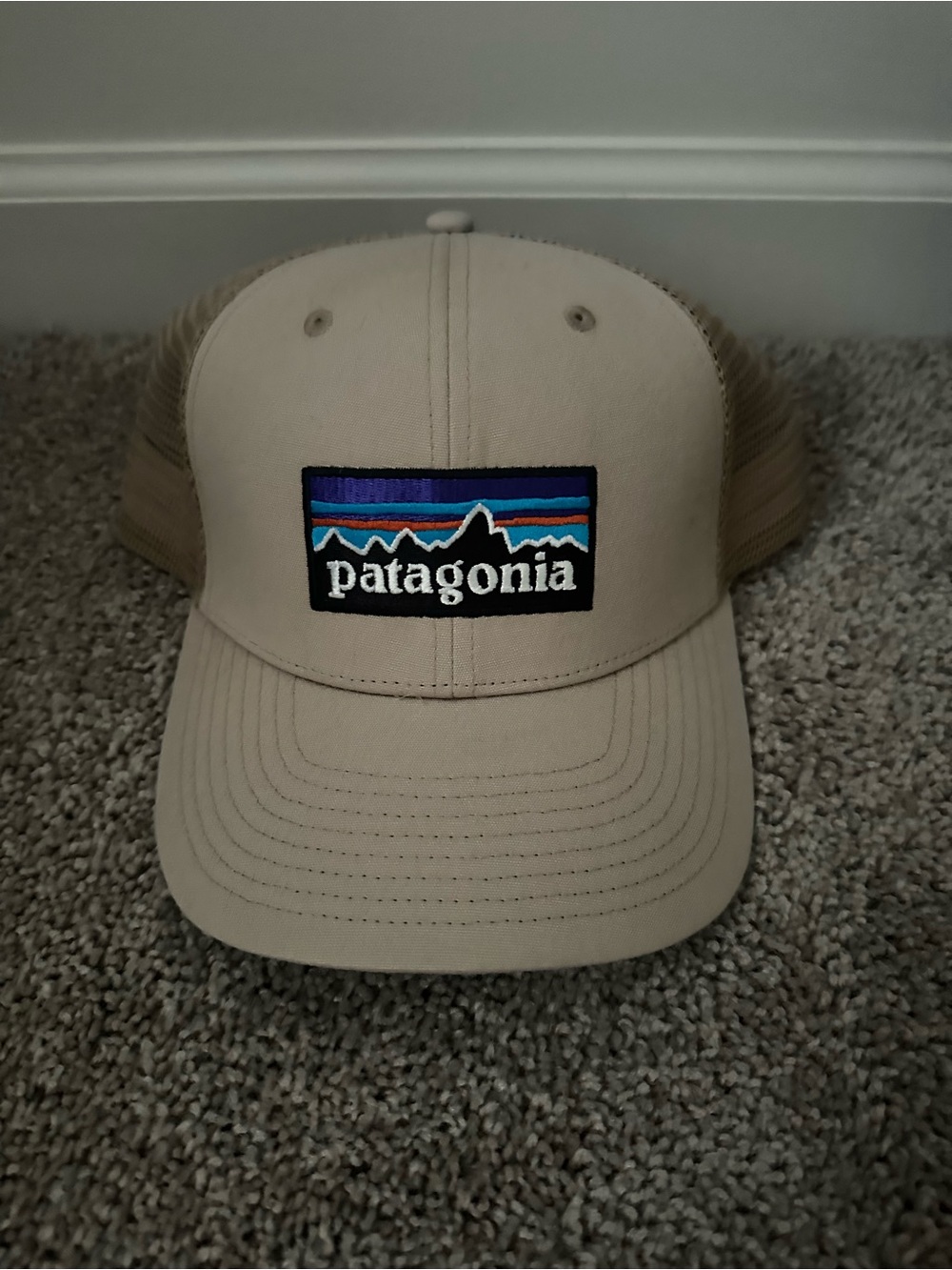 Patagonia Khaki Trucker Hat with Blue and Purple Logo